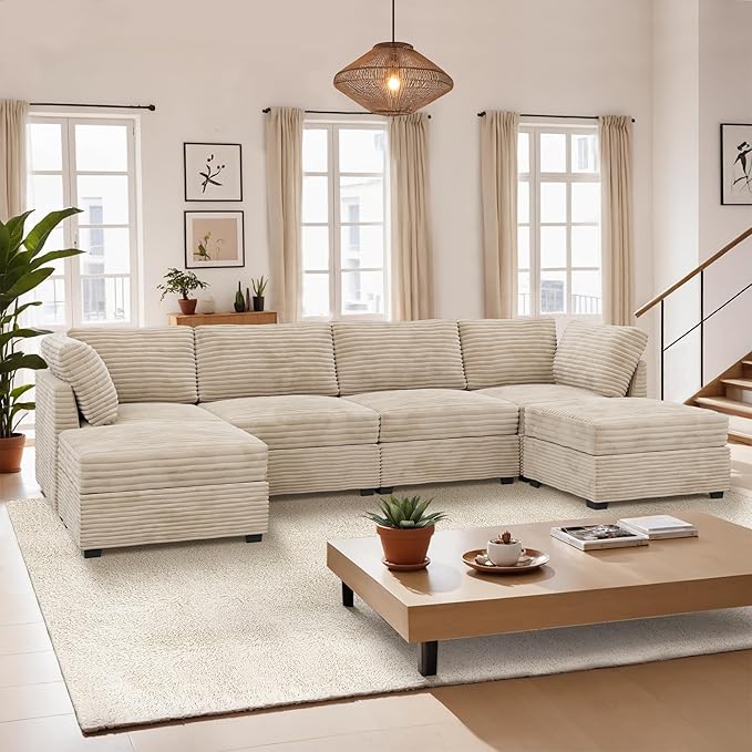 CAODOC Large 6 Seat Modular Sectional Sofa with Ottoman Seat Corduroy Sleeper Sectional Sofa Bed Oversized Convertible Modular Couch for Living Room