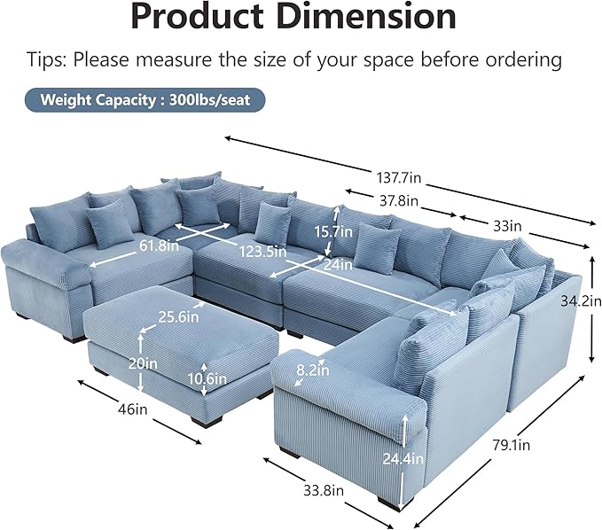 KEIKI 138" U-Shaped Oversized Corduroy Modular Cloud Sectional Sofa with 1 Ottoman, High-Density Foam Cushion, Extra-Thick Armrest, 6-Seater Fluffy Corner Couch with 20 Pillow, for Living Room, Blue