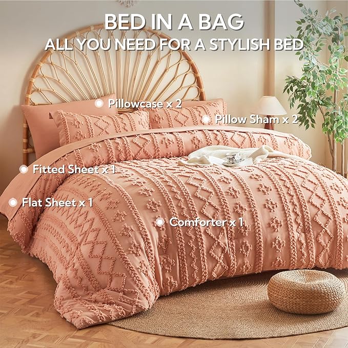 MR&HM Full Size Bed Sheets and Comforter Set Coral Pink, 7 Pieces Tufted Boho Beddding Sets, Farmhouse Style Bed in a Bag with 1 Comforter, 2 Pillow Shams, 2 Pillowcases, 1 Flat Sheet, 1 Fitted Sheet