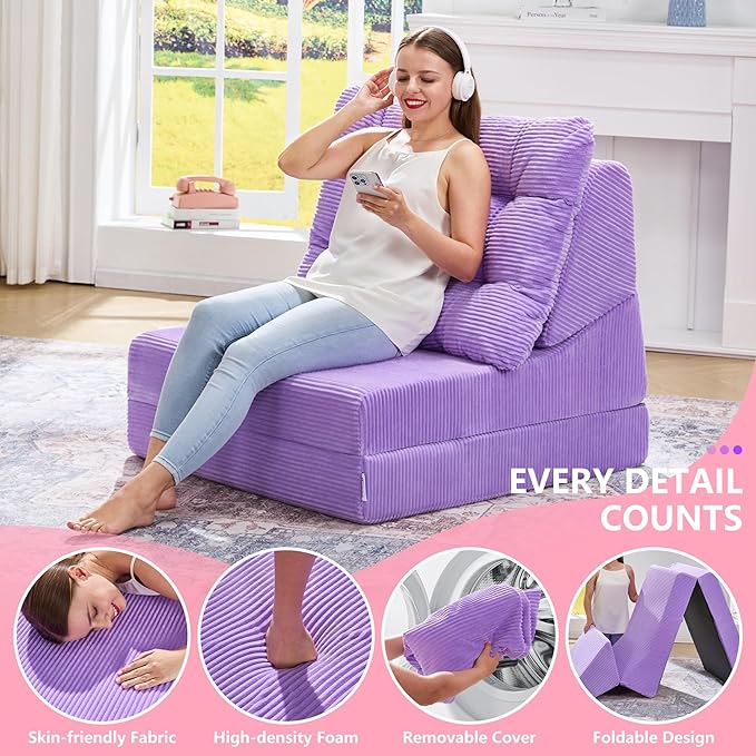 Hobestluk Sofa Couch Folding Sofa Bed Comfy Floor Lounger Convertible Sofa with Removable Cushion Couches for Small Spaces Foldable Mattress for Living Room Bedroom or Office (Cordury Purple, Large)