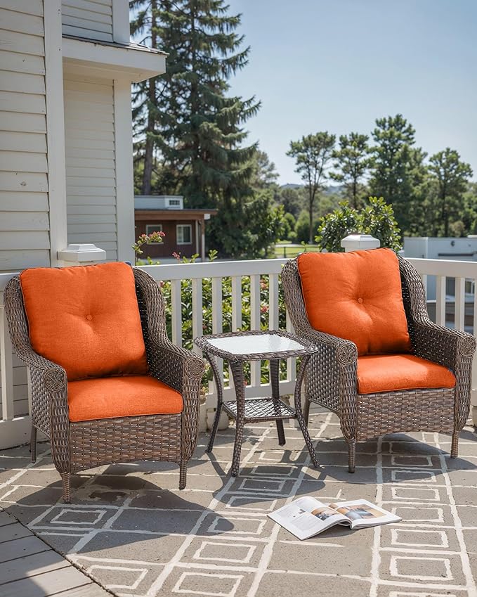 ACTREST 3 Piece Patio Brown Wicker Chairs with Side Table - Outdoor High Back Heavy Duty All-Weather Lawn Dining Rattan Chair Conversation Bistro Set for Deck Porch Balcony Backyard Garden - Orange