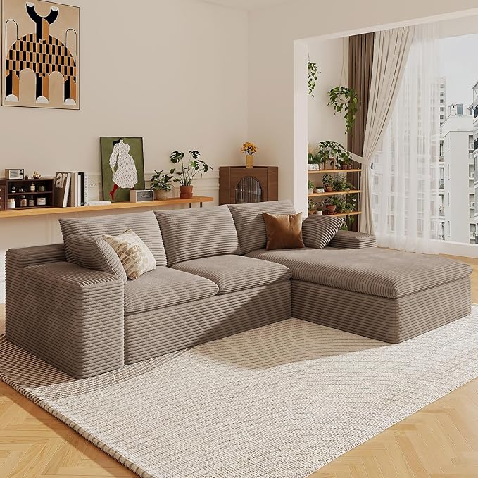 107" Cloud Sectional Couch with L-Shape Chaise,Corduroy Viral Boneless Sofa for Living Room,Modern Memory Foam Couches in a Box with Deep Seat,No Assembly Required (Camel,Right-Facing Chaise)