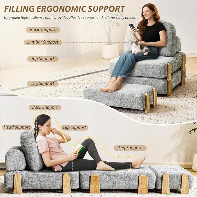 Folding Sofa Bed with Ottoman, 2-in-1 Fold Out Single Sleeper Chair with Wooden Frame, Headrest & Lumbar Pillow, Chenille Boneless Memory-Foam Filled Floor Couch Seating for Living Room Reading, Grey