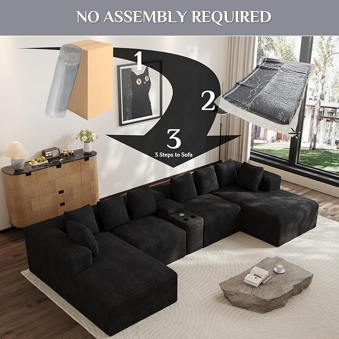 Modular Sectional Sofa with USB Cup Holders Storage, 143" U Shaped Cloud Couch Plush Corduroy Deep Seat Boneless Sofas with Double Chaise Lounge Sectional Couches Memory Foam for Living Room - Black