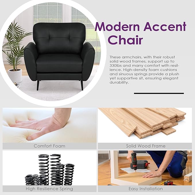 TYBOATLE Accent Chairs Set of 2, Comfy Modern Living Room Chair Black Leather Reading Accent Chairs Tufted Mid Century Arm Chair Small Salon Chair for Office Bedroom (2, Black)