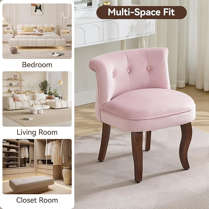 WUTUTUEE Velvet Tufted Vanity Chair with Back, Upholstered Mid Century Vanity Stool with Solid Wood Legs, Small Makeup Chair for Vanity, Accent Chair for Bedroom, Living Room, Pink