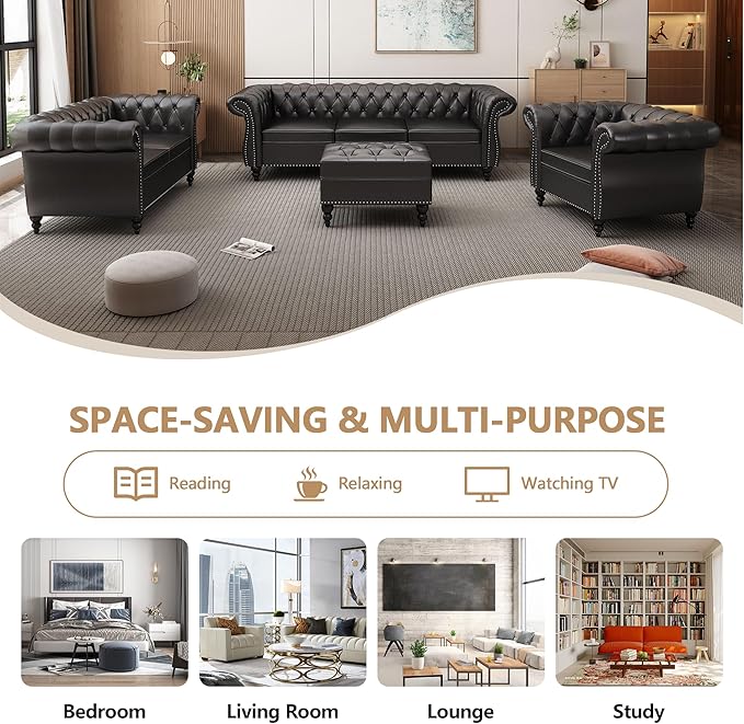 QHITTY Accent Sofa, Chesterfield Loveseat Modern Leather Couch Upholstered Sofa with Tufted Back for Living Room Furniture (Black)