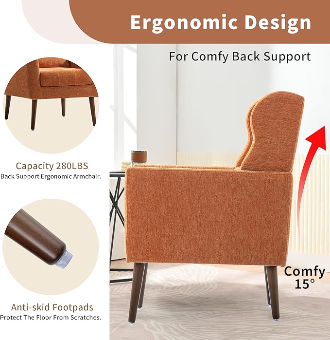 CHSICFOR Modern Accent Chair, Upholstered Arm Chair with Waist Pillow, Single Sofa Chair for Living Room Bedroom Small Spaces (Orange)