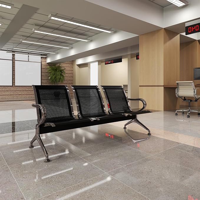 Kinfant Waiting Room Chair - 3-Seat Office Guest Reception Seat Waiting Room Bench with Armrest for Airport, Hospital, Bank, Salon, Barbershop, Hall(Black Mesh)