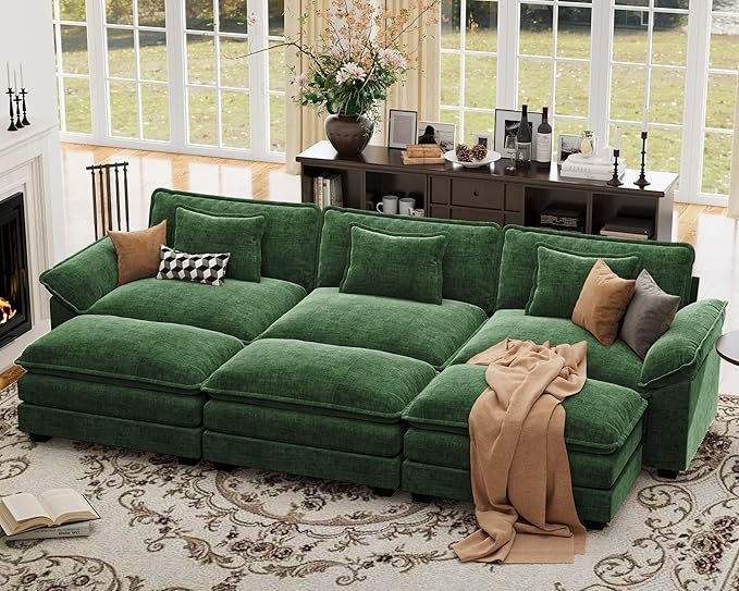 CDCASA 120" Oversized Modular Sectional Sofa Bed, Comfy Cloud Couch w/ 3 Movable Ottoman, 6-Seater Chenille Deep Seat Sofa Bed Modern Sofa Couch for Living Room, DIY Combination, Green