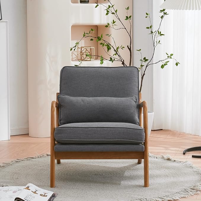 Bonnlo Linen Dark Grey Mid Century Modern Accent Chair, Soild Wood Padding Lounge Armchairs Side Sitting Chairs for Living Room, Bedroom, Guest Room