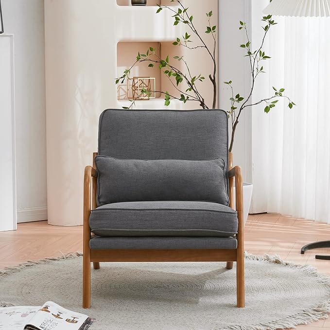 Bonnlo Linen Dark Grey Accent Chairs Set of 2, Upholstered Mid Century Modern Lounge Chairs Reading Chairs Side Sitting Chair Solid Wood Farmhouse Armchairs for Living Room, Bedroom, Guest Room