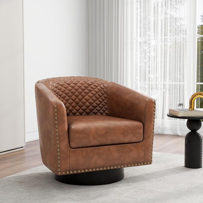DREAMSIDEA Swivel Barrel Accent Chair, Comfy Modern Upholstered Round Faux Leather Arm Chair for Living Room, Bedroom（Brown, Set of 2