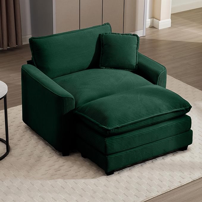 Aoowow Corduroy Large Armchair with Ottoman,Tufted Indoor Chaise Lounge Chair,Oversized Single Sofa Chair with Footrest,Single Seat Cloud Sofas Couches for Living Room (Green, Sofa Chair + Ottoman)