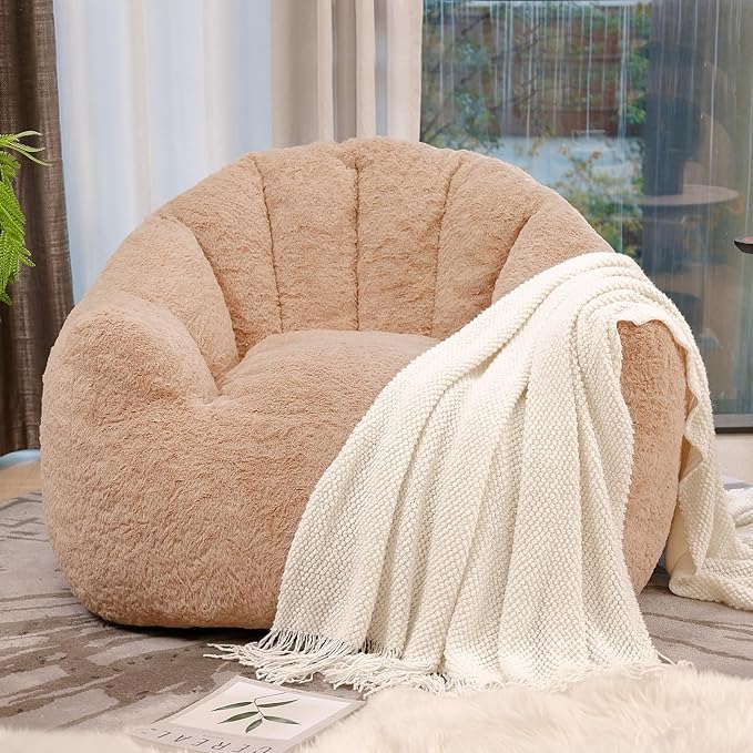 Big Bean Bag Chairs for Adults Giant Sofa with Faux Fur Shell-Shaped Beanbag Couch, Stuffed Large Bean Bag Floor Chair for Living Room, Beanbags Reading Chair for Bedroom Single Sofa(L-Khaki)