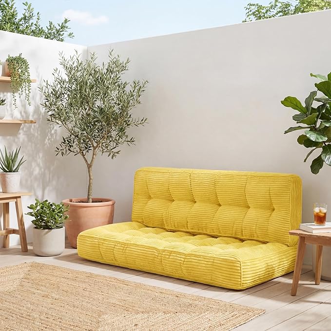 Vercraft 63 Inch Folding Bench Cushion, 4 Inch Thick 2-in-1 Convertible Long Floor Lounger Boneless Cushions Couch Mattress Upholstered for Yoga, Reading, Sleeping, Meditation Living Room(Yellow)