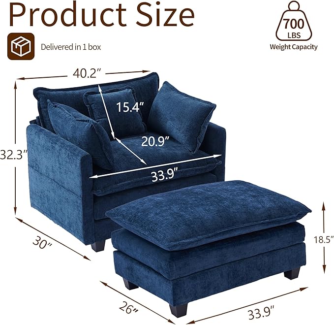 SweetGO corporation 40" Chenille Lounge Chair for Reading, Modern Couch Cozy Sofa Bed, Upholstered Living Room Single Sofa Accent Chair with Ottoman Set of 2, Blue
