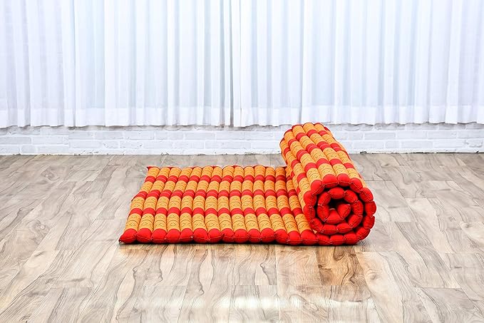 Leewadee - Foldable Floor Mattress - Japanese Roll Up Futon -Trifold Tatami Mat- Guest Floor Bed - Camping Mattress - Thai Massage Mat, Kapok Filled, 75 x 57 inches, Orange Red