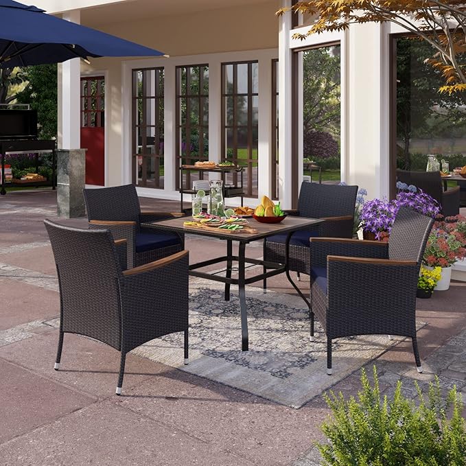 PHI VILLA 35" Rattan Patio Dining Chairs, Perfect for Backyard Bistro Table Outdoor Furniture Garden Table with Umbrella Hole, 4pcs, Black