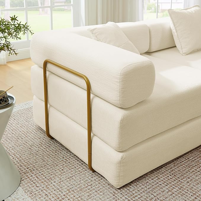 108" Convertible Sleeper Sofa Bed, Corduroy Folding Sofa Bed with Fixed-Shape Frame, Fold Out Floor Mattress Couch, Lazy Compression Sofas for Living Room, Bedroom, No Assembly Required,Beige