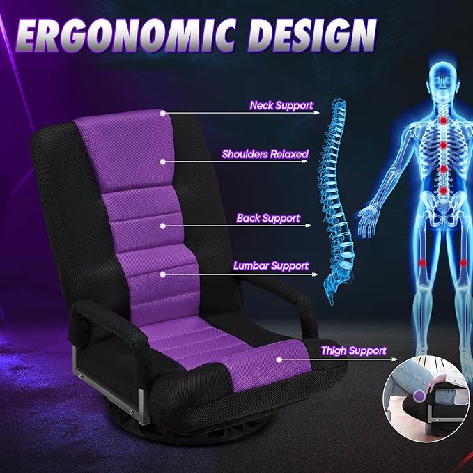 Swivel Gaming Chair 360 Degree Multipurpose Floor Chair w/Armrest & 6 Adjustable Postions Backrest for Adults & Kids, for Reading, Gaming, Watching, Relaxing, Purple