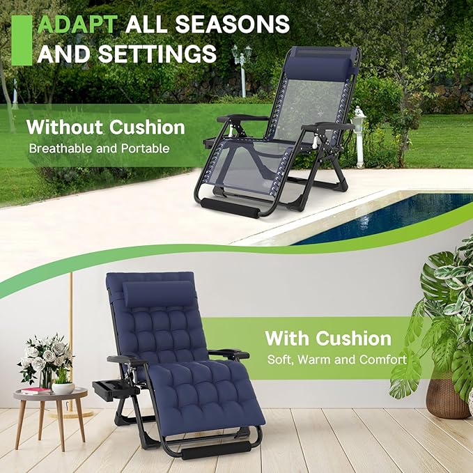 ZENPETIO Oversized Zero Gravity Chair, 33In XXL Zero Gravity Recliner Lounge Chair, Anti Gravity Chair for Indoor and Outdoor, Reclining Camping Chair for Lawn and Patio w/Cushion and Footrest, 500LBS