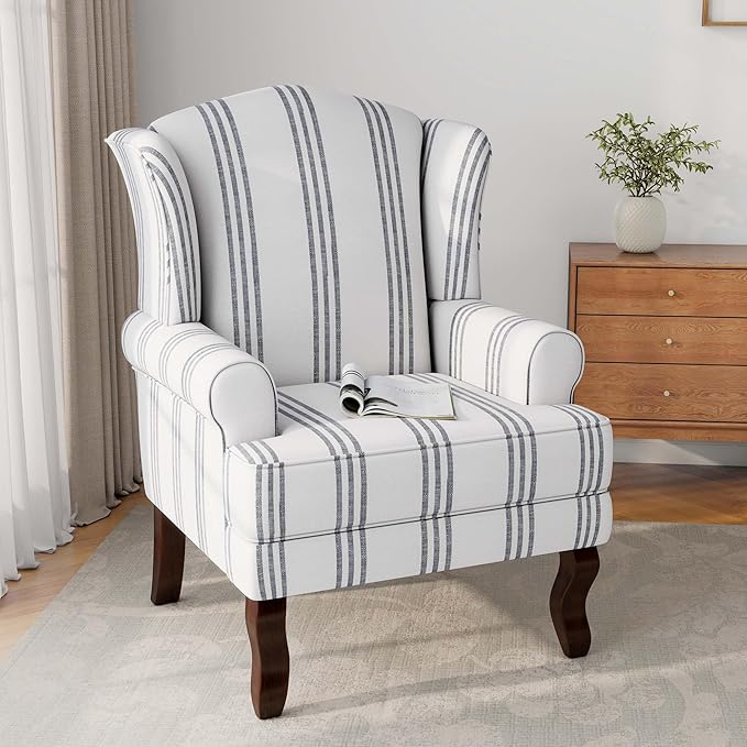 DREAMSIDEA Accent Chair Set of 2, High Back Upholstered Armchair with High Resilience Sponge & Wood Legs, Mid-Century Modern Comfy Single Sofa Reading Chairs for Living Room, Bedroom-Stripe Navy