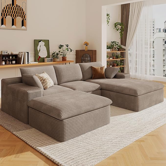 107" Cloud Sectional Couch with U-Shaped Chaise,Viral Corduroy Boneless Sofa with Ottoman,Memory Foam Couches in a Box with Deep Seat for Living Room,No Assembly Required (Camel,Right-Facing Chaise)