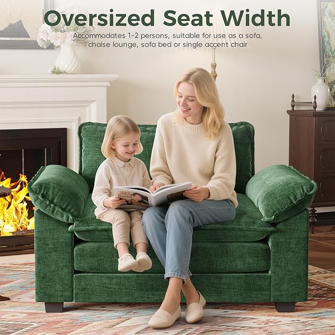 HUSFU Oversized Accent Chair with Ottoman, Chenille Cloud Couch Chair with Deep Seat and Extra Wide Armrests, Comfy Reading Armchair for Bedroom, Living Room, Set of 2, Green