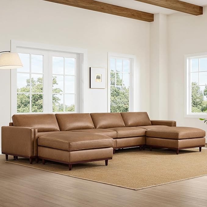 CHITA 153" Super Large Luxury U Shape Convertible Sectional Modular Sofa, Down Filled Modern Sofa, Deep Seat Cloud Couch, 6 Seat Couch with Chaise, 2 Ottomans, Solid Wood Leg, Faux Leather in Camel
