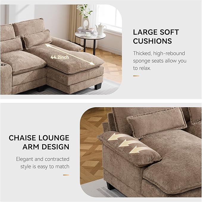 125'' U Shaped Cloud Modular Sofa with Chaise Lounges, Upholstered Comfy Sectional Couch with Storage Console, USB Charging & Cup Holders, Small Deep Seat Sofa for Living Room, Sherpa- Chenille Camel