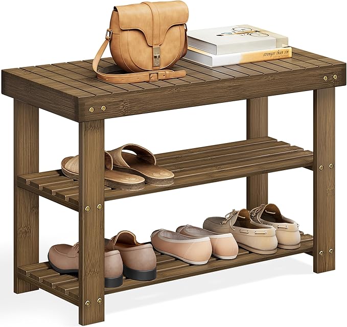 SONGMICS Shoe Rack Bench, 3-Tier Bamboo Shoe Storage Organizer, Entryway Bench, Holds Up to 286 lb, 11.3 x 27.6 x 17.8 Inches, for Entryway Bathroom Bedroom, Yellow Brown ULBS04WL