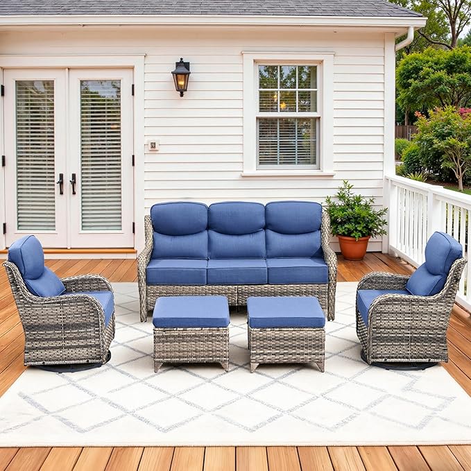 Pugire Luxury High Back Patio Furniture Set with 6-Inch Thick Cushions, 5-Pieces Outdoor Furniture with Swivel Chairs, Wicker Conversation Set for Porch, Balcony, Deck and Yard, Grey/Blue