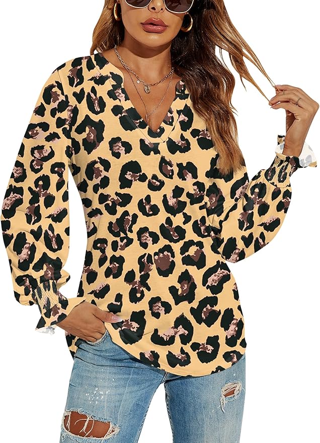 Romanstii Women's Casual V-Neck T-Shirts Loose Puff Long Sleeve Tops Tunic Blouses