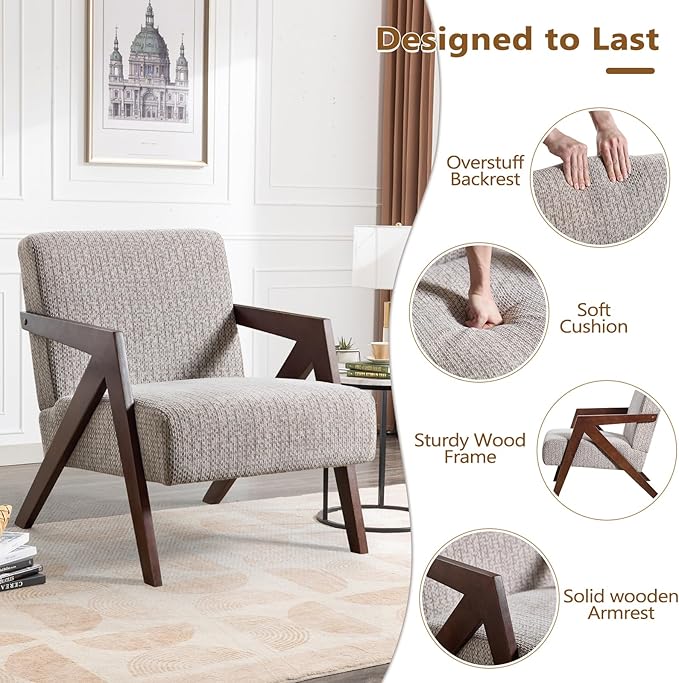 Bonzy Home Mid-Century Modern Accent Chair with Solid Wood Frame, Upholstered Armchair for Bedroom & Living Room,Reading Side Chair with Soft Lien Fabric Cushion,Easy Assembly