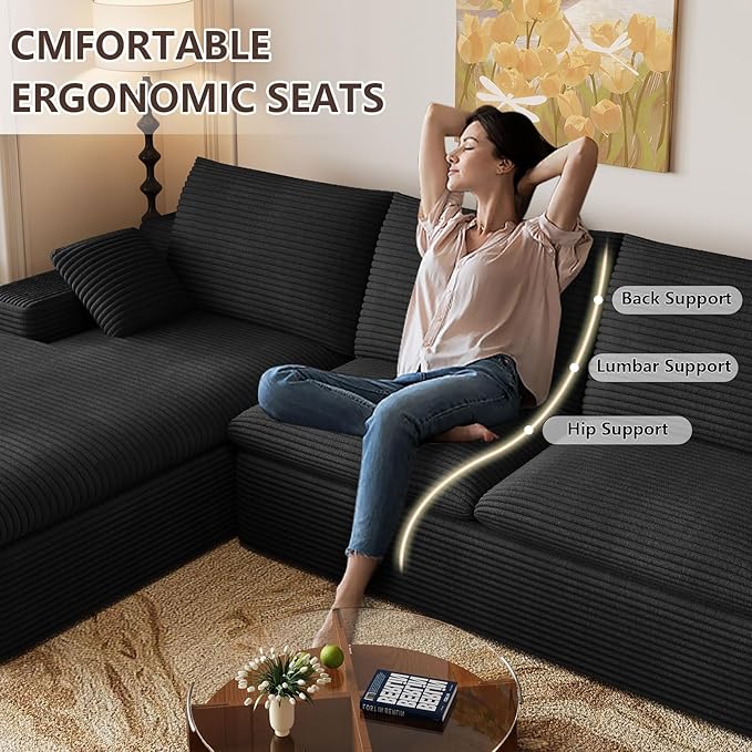 107 Inch Cloud Sectional Couch, Modern Modular Sectional Sofa with L-Shape Chaise, Corduroy Boneless Couches with Deep Seat for Living Room Bedroom, No Assembly Required (Black, Left Facing Chaise)