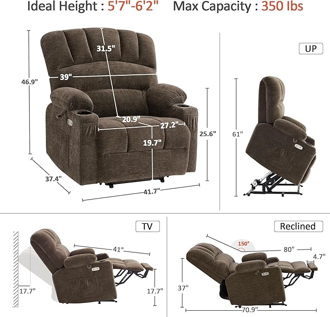 MCombo Oversized Power Lift Recliner Chair for Elderly, Lift Chair with Heat and Massage, Lift Recliner for Big and Tall, Cup Holders, USB & Type C Ports, Fabric R7092 (Mocha, Oversize)