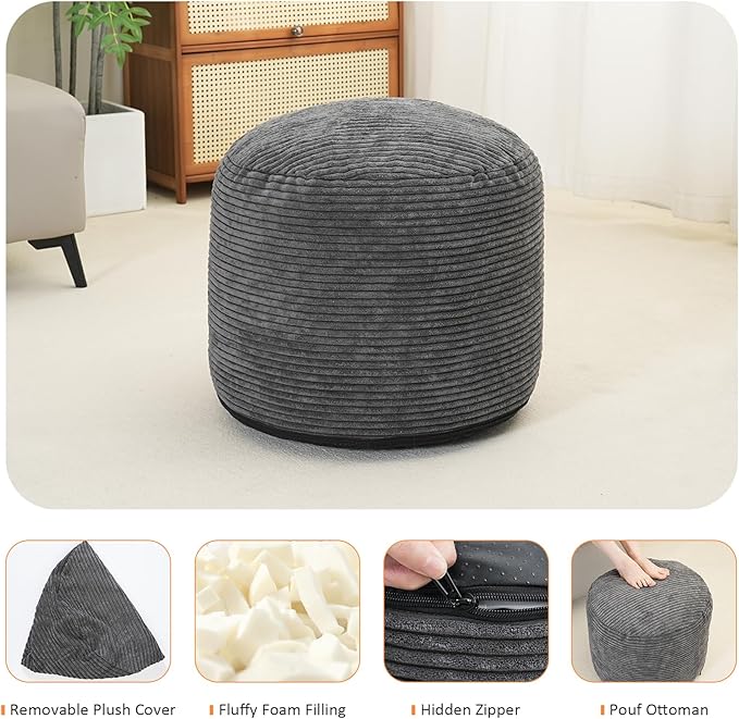 Yueyocici Pouf Ottoman Stuffed Round Modern Foam Filled Foot Rest Corduroy Poufs for Living Room Chair Decorative 20 X 15 Inches Fluffy Pouf Foot Stool Storage Ottoman, Dark Grey