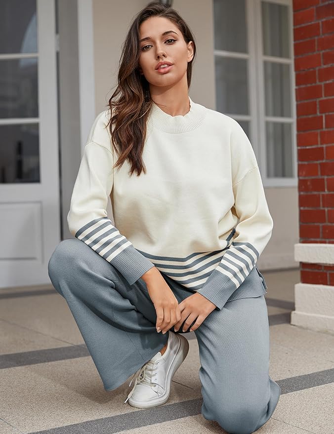 Tanming Women's Lounge Sets 2 Piece Outfits Knitted Pullover Sweater Tops Wide Leg Pants Tracksuit