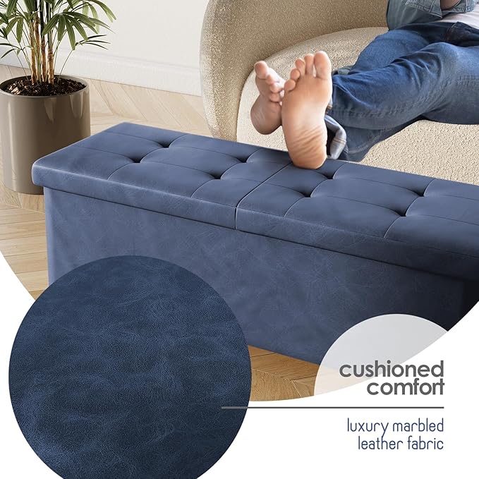 Storage Ottoman Bench with Bins, 43-in Storage Bench for Bedroom End of Bed, Folding Foot Rest Ottoman for Living Room Max 660lbs, Faux Leather Ottomans, Blue