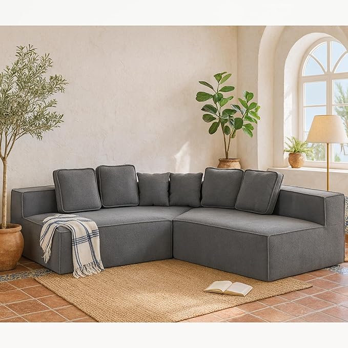 KEIKI 132" Teddy Fabric Oversized Modular Sofa Full Foam Support Soft Deep Seat Sectional Couch for Home Office Creative Studio Reading Lounge Long Sitting Comfort Modern Interior Style