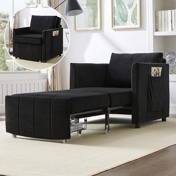 Merax 3-in-1 Convertible Sofa Bed Chair,Singe Pull Out Sleeper Couch with 5-Position Adjustable Backrest, Side Pockets and a Storage Basket, Fold Out Single Armchair, Black