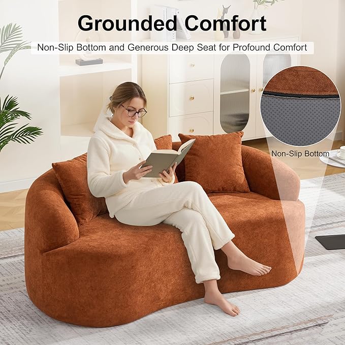 Abbrevi 65" Curved Loveseat Sofa, Deep Seat Love Seat Couches with 3 Throw Pillows, Modern 2 Seater Boneless Curved Couch, Compressed Floor Sofa for Living Room Small Spaces, No Assembly, Orange