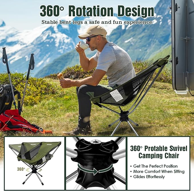 RODANNY Camping Chairs, 360° Degree Swivel Folding Chairs,Portabl Outdoor Chairs for Travel Hiking Fishing lawns Picnic Hunting,Support 305 LBS,Lghtweight,Green