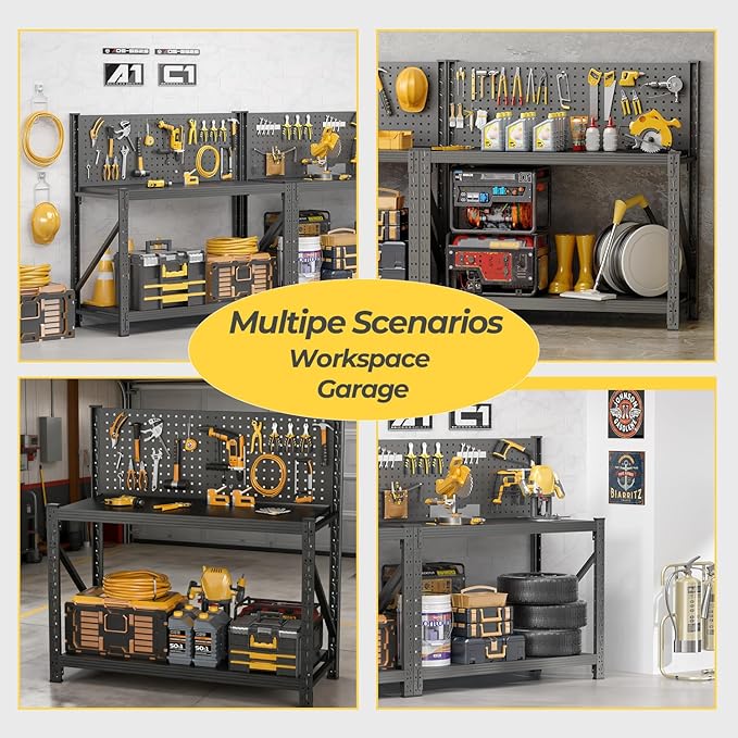 Work Bench with Pegboard,Heavy Duty 3000lbs Capacity Workbench with Wheels Adjustable Shelves,Tool Cart,Work Table for Garage Warehouse47.2 H*47.09" W*19" D