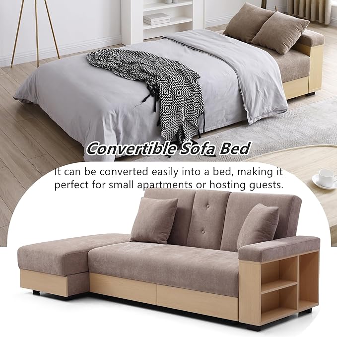 Roockky Convertible Sofa Bed, 85" Folding Sectional Sleeper Sofa with Storage Ottoman, Drawers, Built-in Bookshelves and 2 Cup Holders, Linen (Brown)