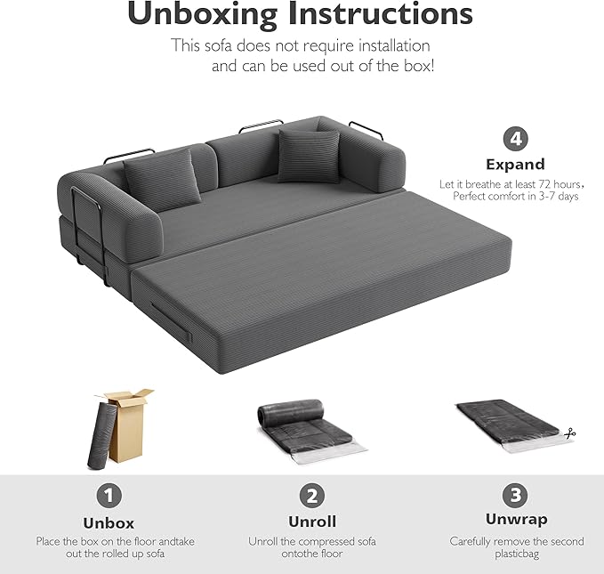 79 Inch 5-in-1 Convertible Sofa Bed, Corduroy Boneless Floor Couch with Fixed Frame & Pillow, Modular Folding Mattress Lounger for Small Space, Living Room, Bedroom - Easy Assembly(DARK GRAY)