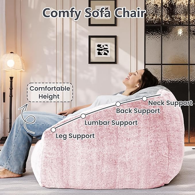 Bean Bag Chairs for Adults, Giant Beanbag Sofa Comfy Reading Chair, Oversized Bean Bag Chairs for Living Room Bedroom, Soft Faux Fur Fabric, 3.2FT, Pink, Plush