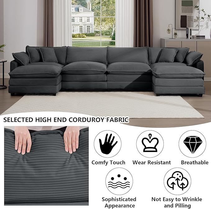 Aoowow Corduroy 4 Seater Couch with Ottomans,Modern Large Cloud Couches for Living Room,U Shaped Modular Sectional Cloud Sofas Deep Seat,U Shape Oversized Tufted Sofa Set (Grey, 4 Seater + 2 Ottoman)