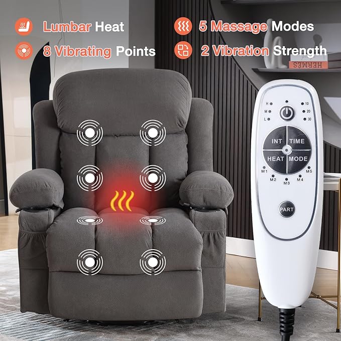 Power Lift Recliner Chair for Elderly with Vibration Massage and Lumbar Heating, Electric Lift Recliner Single Sofa with Side Pocket, Two Cup Holders and USB Charge Port for Living Room